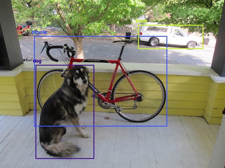 image with boxes detecting the dog, bycicle and truck